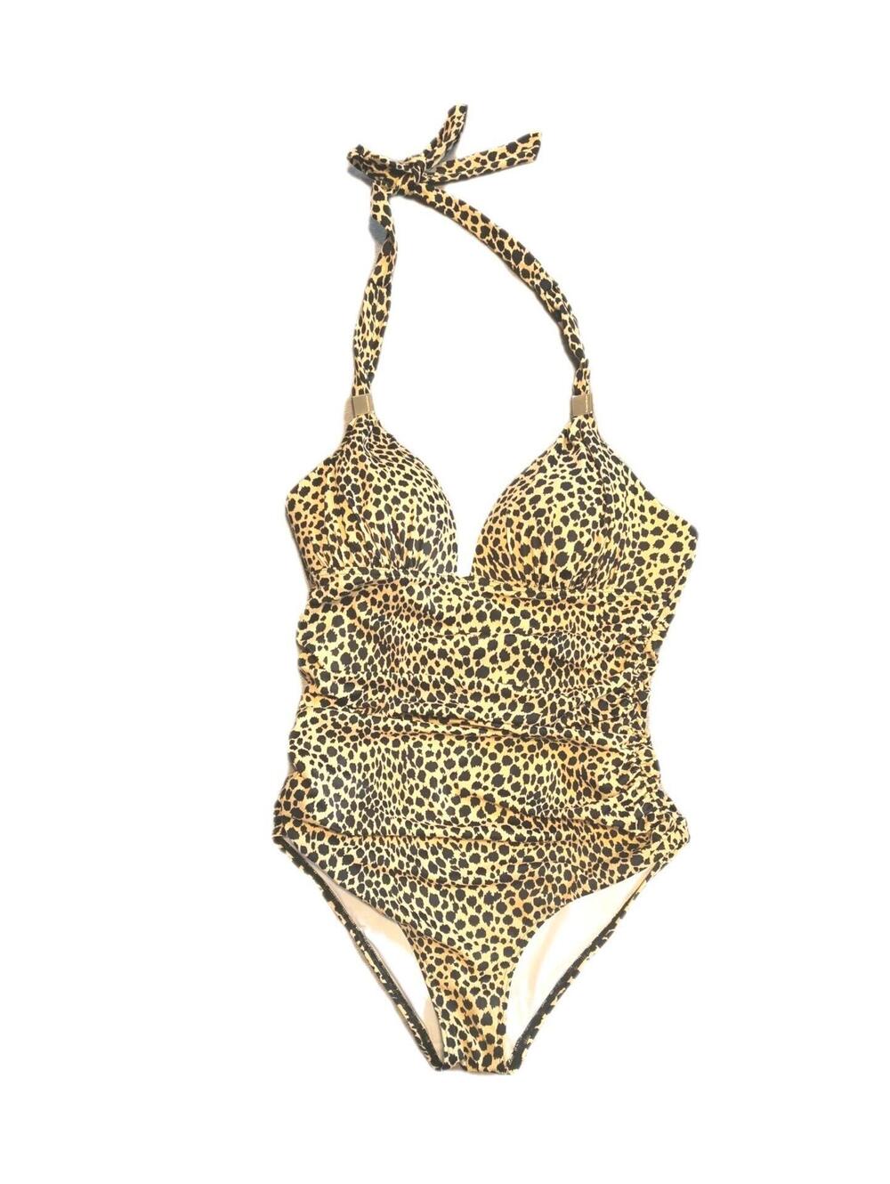 Victoria’s Secret One Piece Leopard Print Ruched Halter Swimsuit Tan Black Sz M